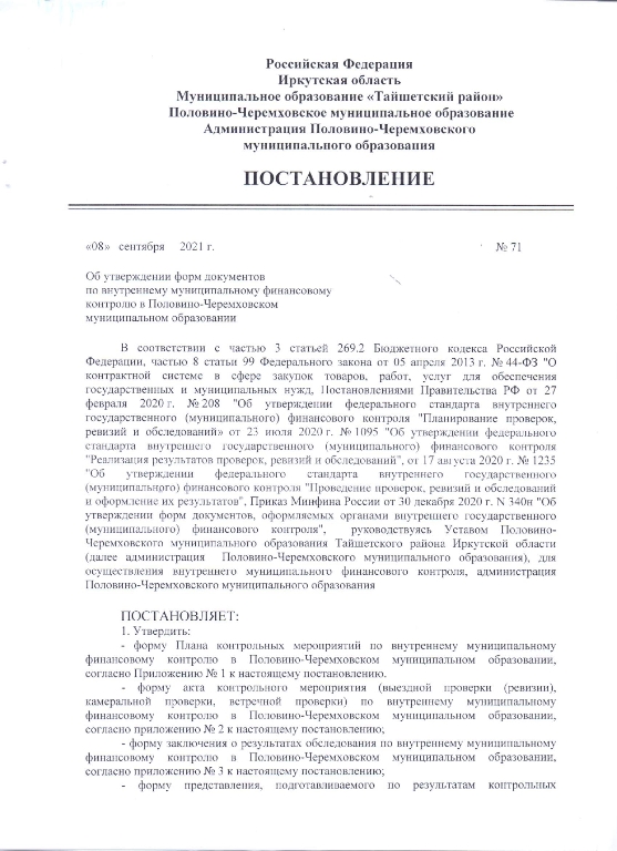 Об утверждении фирм документов по внутреннему муниципальному финансовому контролю в Половино-Черемховском муниципальном образовании