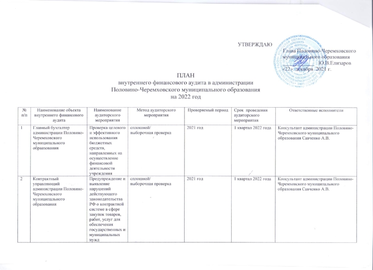 Об утверждении Плана  внутреннего финансового аудита в администрации  Половино-Черемховского муниципального образования на 2022 год 