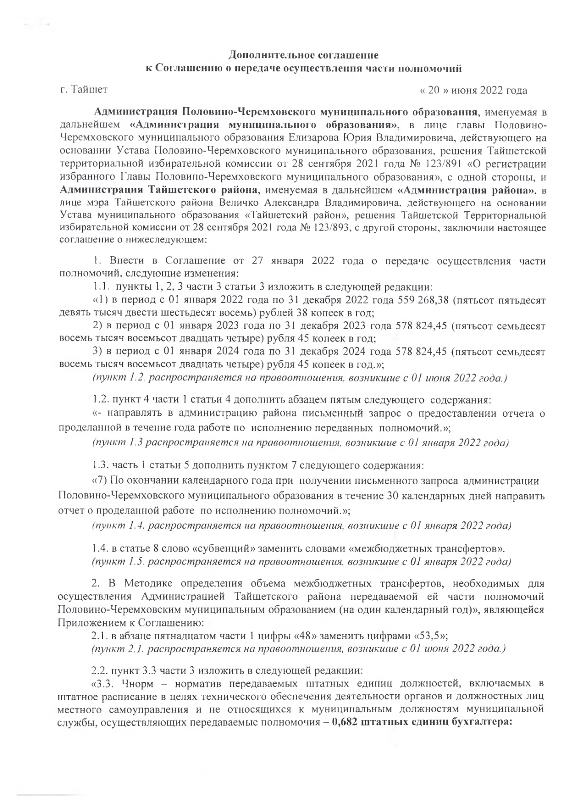 Дополнительное соглашение к Соглашению о передаче осуществления части полномочий от 20.06.2022