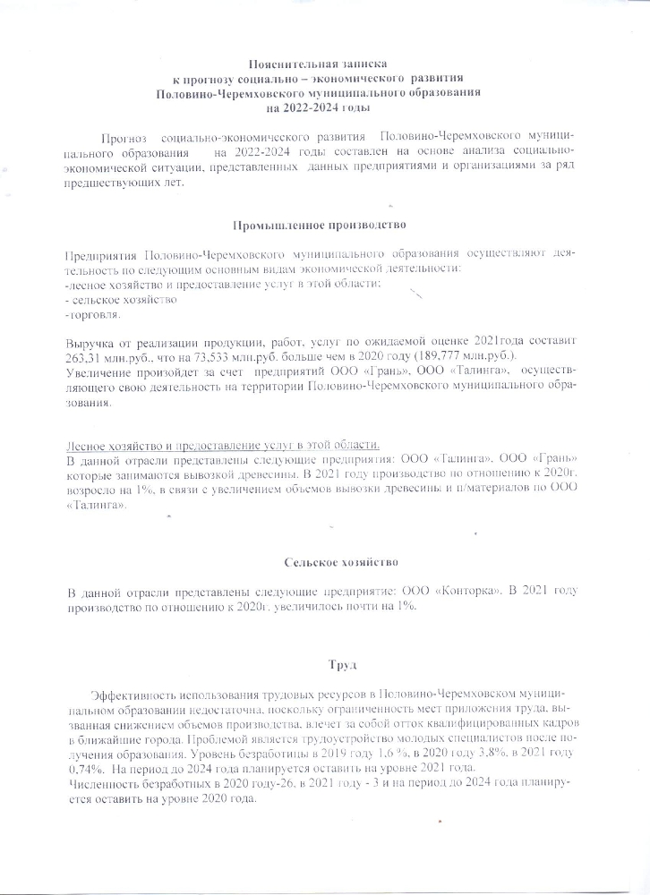Об одобрении прогноза социально-экономического развития Половино-Черемховского муниципального образования на 2022 и на плановый период 2023-2024 годы